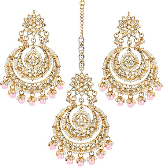 Aheli Bollywood Ethnic Chandbali Style Big Earrings Maang Tikka Set Traditional Fashion Jewelry Gift for Women