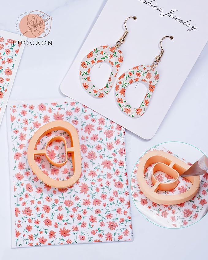 Puocaon Polymer Clay Transfer Paper - 20 Pcs Floral Water Transfer Paper for Polymer Clay, Eucalyptus Leaves Transfer Paper for Polymer Clay Earrings, Peony Polymer Clay Transfer Sheets for Jewelry