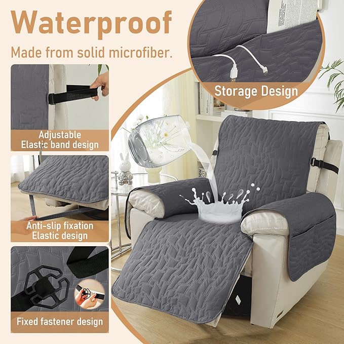 100% Waterproof Recliner Chair Covers for Reclining Chair, Small Recliner Covers That Stay in Place, Non-Slip Recliner Armchair Cover with Pockets for Kids, Pets, Dogs, Cat, Washable,Dark gray