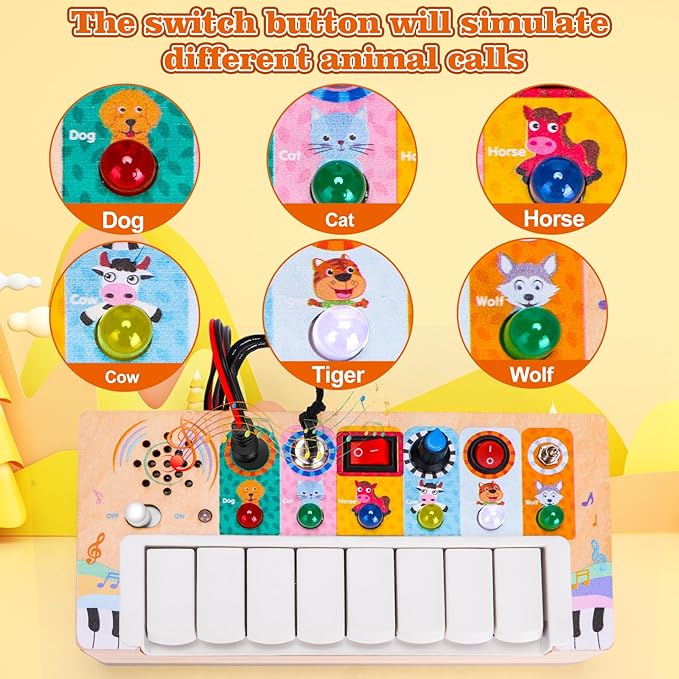 Wooden Piano Practice Board - Baby Toys - Piano Keys and Animal Calling Light Switch Sensory Toys for Babies and Toddlers of All Ages - Ideal Montessori Gift for Boys and Girls