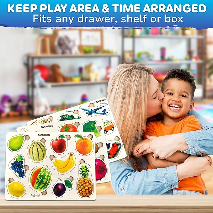 QUOKKA Wooden Puzzles for Toddlers 1-3 – 3xSET Kids Puzzles Ages 2-4 – Montessori Toy Puzzles for Toddlers 3-5 – Wood Toy Learning Realistic Fruits - Cars - Vegetables for Boy and Girl