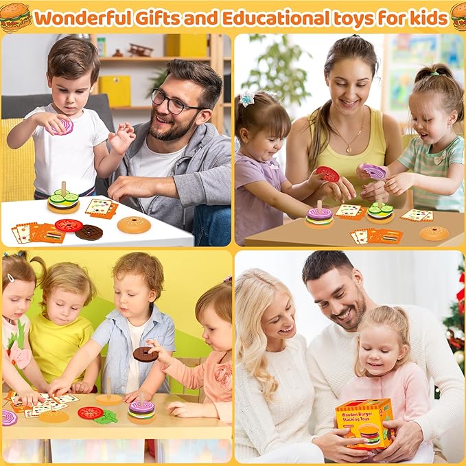 Jumlys Montessori Toys for 2, 3, 4, 5, Year Old, Wooden Burger Stacking Toys, Fine Motor Toys for Kids Boys Girls, Ideal Preschool Educational and Learning Toys, Perfect Christmas Birthday Gifts