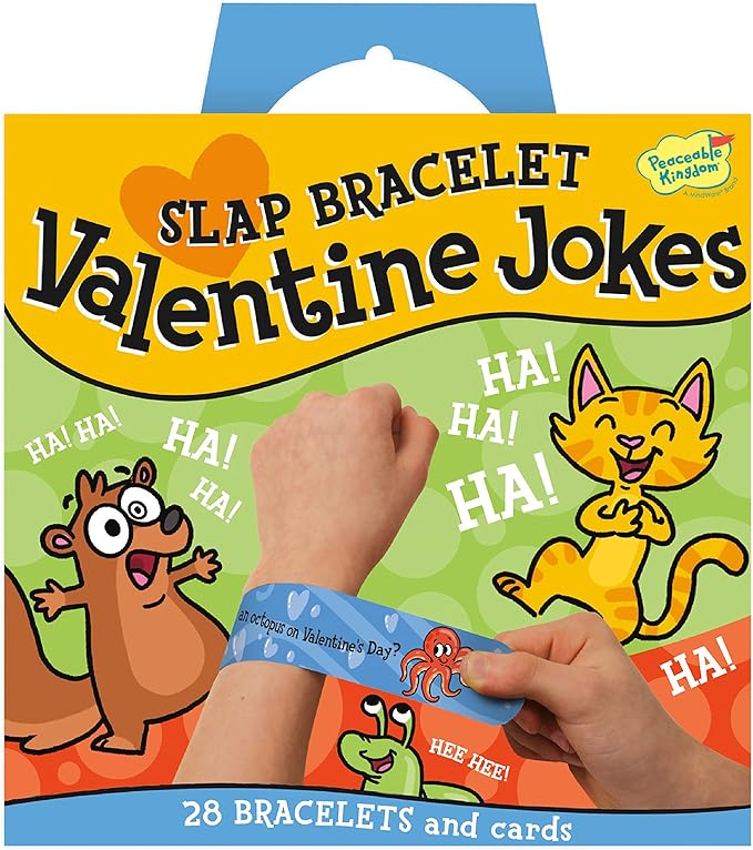 Peaceable Kingdom Valentines Cards for Kids Classroom, Set of 28 Valentines Day Gifts - Jokes Slap Bracelets