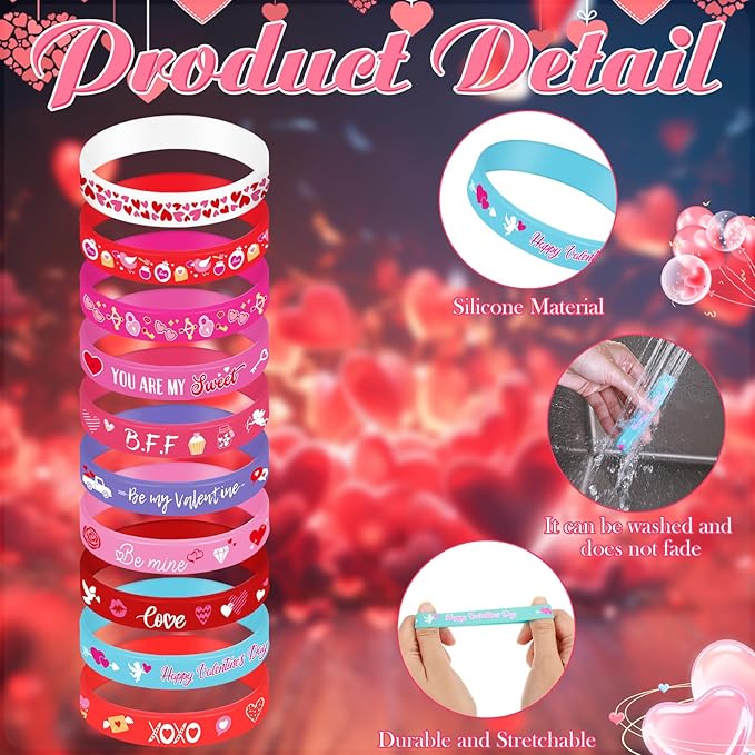 Wettarn 60 Pcs Valentines Day Party Favors Bracelets Happy Valentine's Day Silicone Wristbands Pink Red Love Heart Rubber Bracelets for Adults Party Supplies Classroom Festival Prizes Gifts