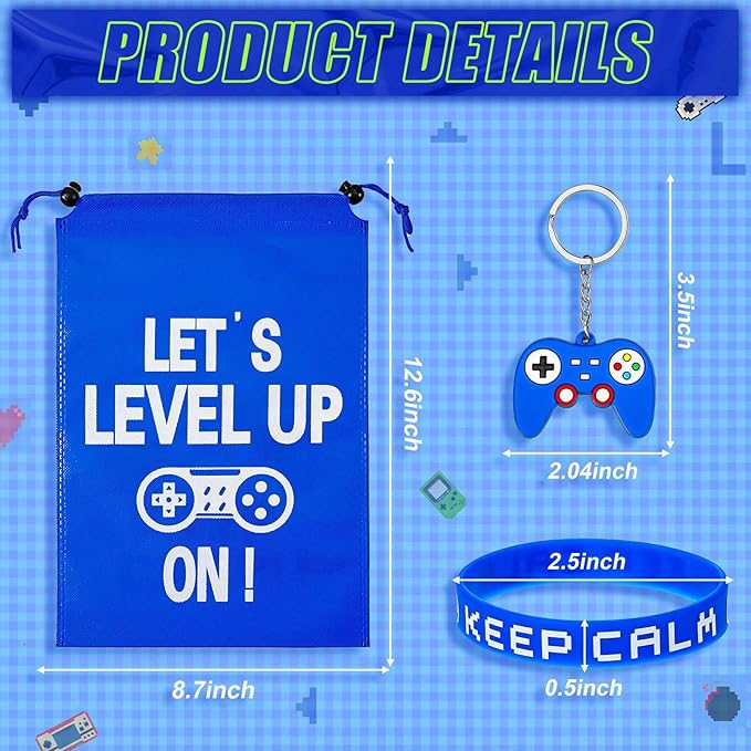 Shappy 36 Pieces Includes Video Game Bracelets Wristbands Gaming Party Bags with Drawstring Game Controller Keychains for Video Game Birthday Party Favors Supplies