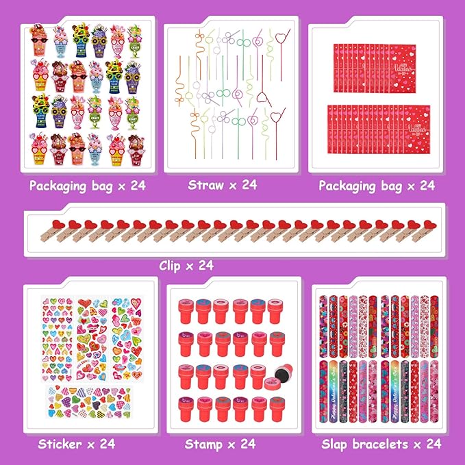 Atonofun 168 Pcs Valentines Day Gifts for Kids, Valentines Day Cards Crazy Straws Bulk Stickers Stampers Slap Bracelets Classroom Prize School Exchange Boys Girls Valentine's Day Party Favors