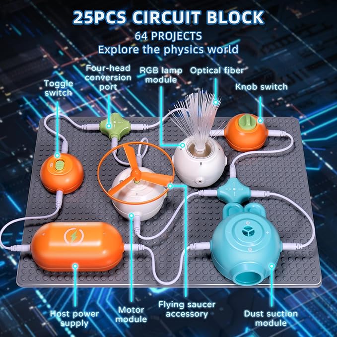 Circuit Kits for Kids Age 3-12,25PCS Circuit Blocks Board,DIY Electronics Exploration Kit with 64 Projects,Science Kits for Boys Girls, Full Color Project Manual,STEM Educational Toys