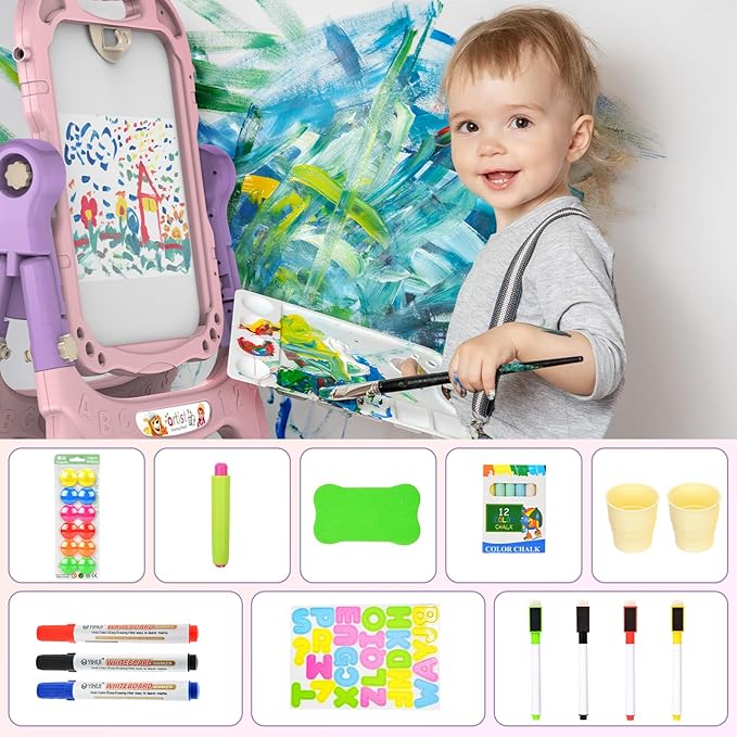 Kids Art Easel, Adjustable Drawing White Board & Chalk Board, Toddler Standing Easel with Painting Accessories, Gift for Girls Boy (Pink)