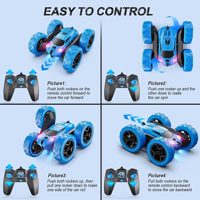 Remote Control Car, RC Cars Toys for Kids Ages 6-12, 4WD Stunt Car with LED Lights & 360° Flips, 2.4GHz, Upgraded USB-C Modular Batteries, 8-10 Year Old Boys 1-Blue