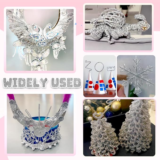 TOAOB 100pcs Christmas Glitter Pipe Cleaners Silver Metallic Pipe Cleaners Craft Supplies 6mm x 12 Inch Chenille Stems Pipe Cleaners for Art DIY Crafts Decorations