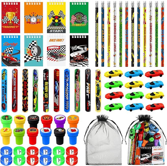 Shappy 84 Pcs Race Car Party Favors Racing Stationery Set Spiral Notebook Slap Bracelets Pencils Erasers Sharpeners Stampers Organza Bags for Racing Theme Classroom Prize Gift Birthday Party Supplies