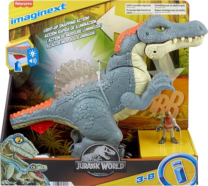 Fisher-Price Imaginext Jurassic World Dinosaur Toy Ultra Snap Spinosaurus, Lights Sounds & Chomping Action, for Preschool Kids Ages 3+ Years