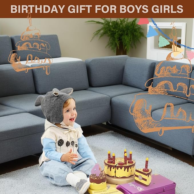 Pretend Play Food for Toddlers 1-3,Wooden Birthday Fake Cake with Candles and Numbers,Tea Party Learning Kitchen Gift Toys for Boys Girls (Chocolate Cake)