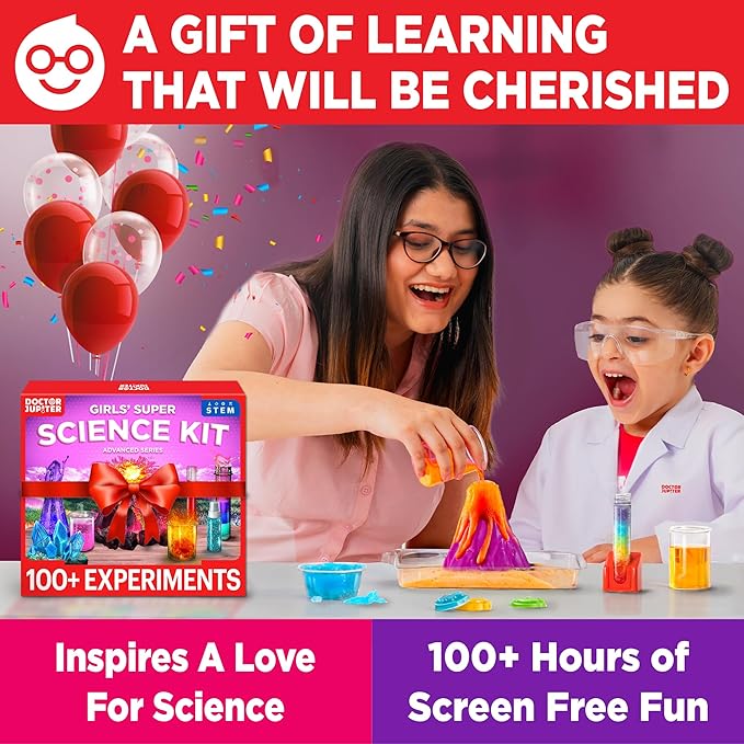 Doctor Jupiter Girls' Super Science Kit for Girls Ages 8-9-10-11-12-13-14 | Birthday Gift Ideas for Girls 8+ Years Old | STEM Toy with 100+ Experiments & Geyser Tube | Learning & Educational Kits