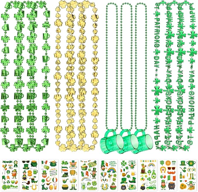 St.Patrick's Day Party Favor Set, Saint Patrick Day Accessories Including Beads Necklaces and Temporary Tattoo Stickers for Irish Day Party Supply