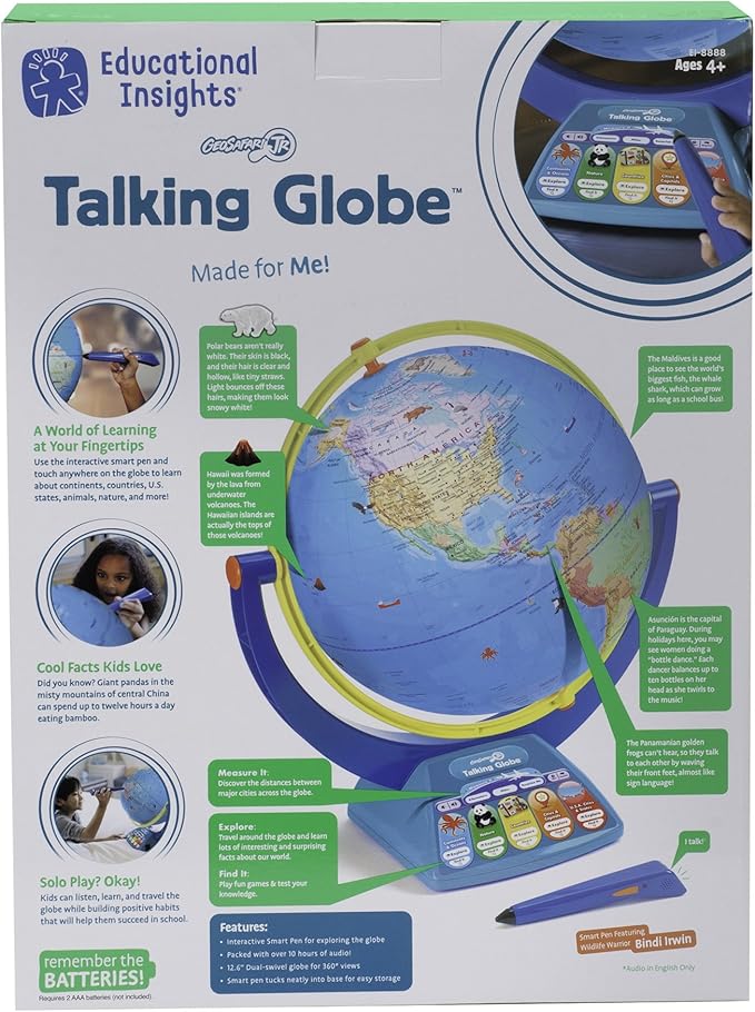 Educational Insights GeoSafari Jr. Talking Interactive Globe with Talking Pen for Kids, Featuring Bindi Irwin, Gift for Boys & Girls, Ages 4+
