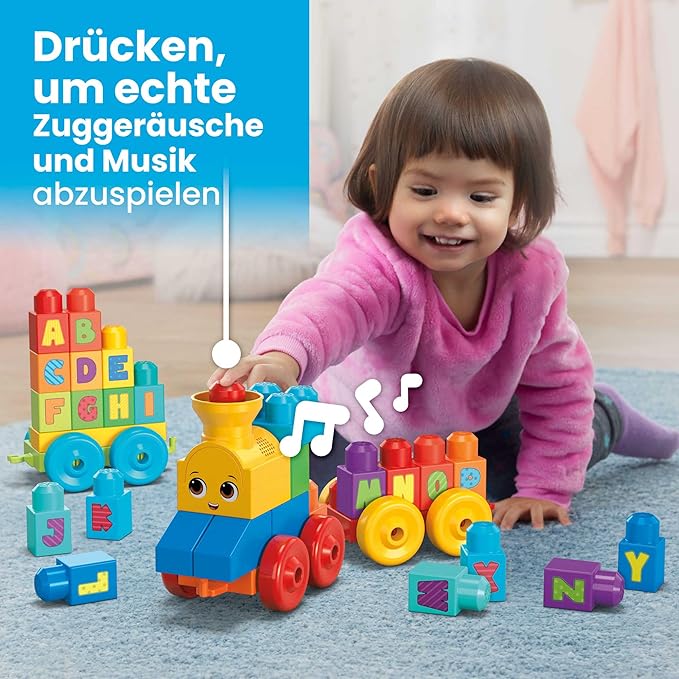 MEGA BLOKS First Builders Toddler Building Blocks Toy Set, ABC Musical Train with 50 Pieces, Music and Sounds, Ages 1+ Years