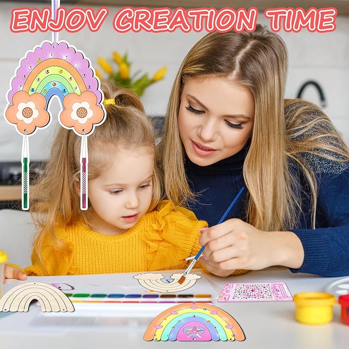 12 Pack Rainbow Wind Chime Kits DIY Wind Chime Crafts Make Your Own Wind Chimes DIY Coloring Wooden Art and Craft Gift for Girls Boys Spring Summer Home Classroom Party Activity Art Project