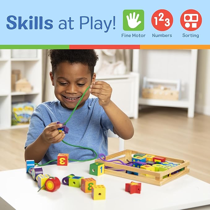 Melissa & Doug Deluxe Wooden Lacing Beads - Educational Activity With 27 Beads and 2 Laces For Toddlers, Fine Motor Skills Lacing Toys For Toddlers And Kids Ages 3+