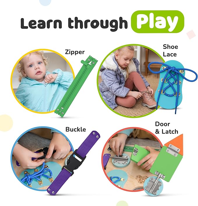 deMoca Sensory Busy Board for Toddlers, Premium Wooden Toddler Busy Board for 1 2 3 Year Old with 10 Educational Activities for Fine Motor Skills, Fidget Activity Toy for Travel