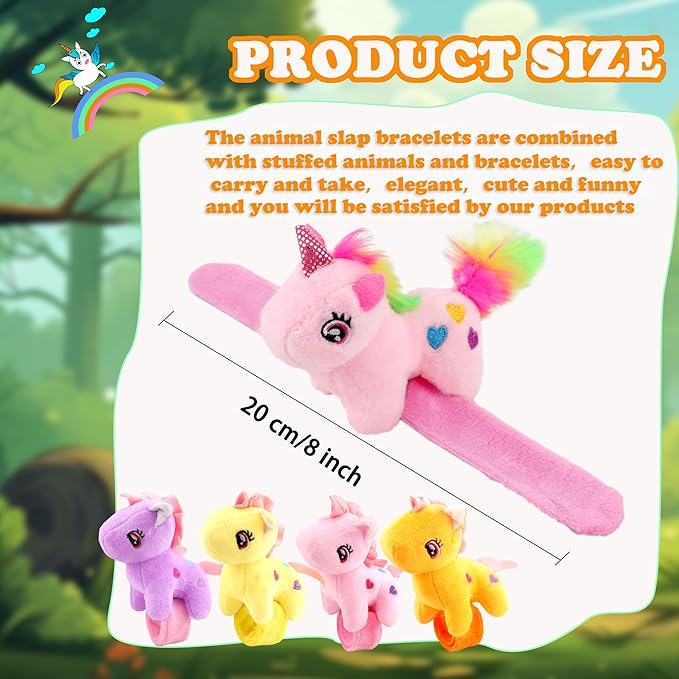 12 Pack Plush Animal Slap Bracelet Unicorn Plush Slap Bracelet Unicorn Stuffed Huggers Pat Ring Bulk for Animal Party Favor Christmas Birthday Gift Fillers, 12 Styles