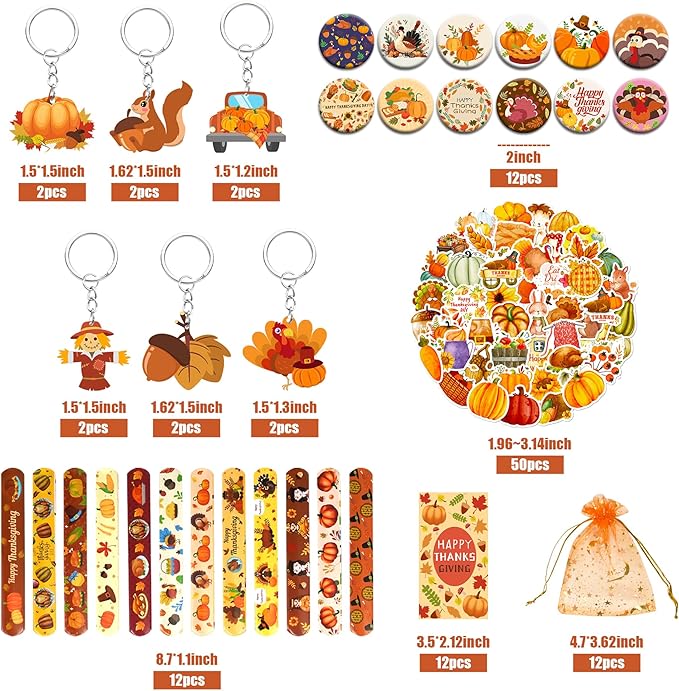 110 PCS Thanksgiving Party Favors Autumn Party Supplies with Key Chains Button Pins Stickers Rubber Bracelets for Fall Party Favors Decorations Classroom Prizes