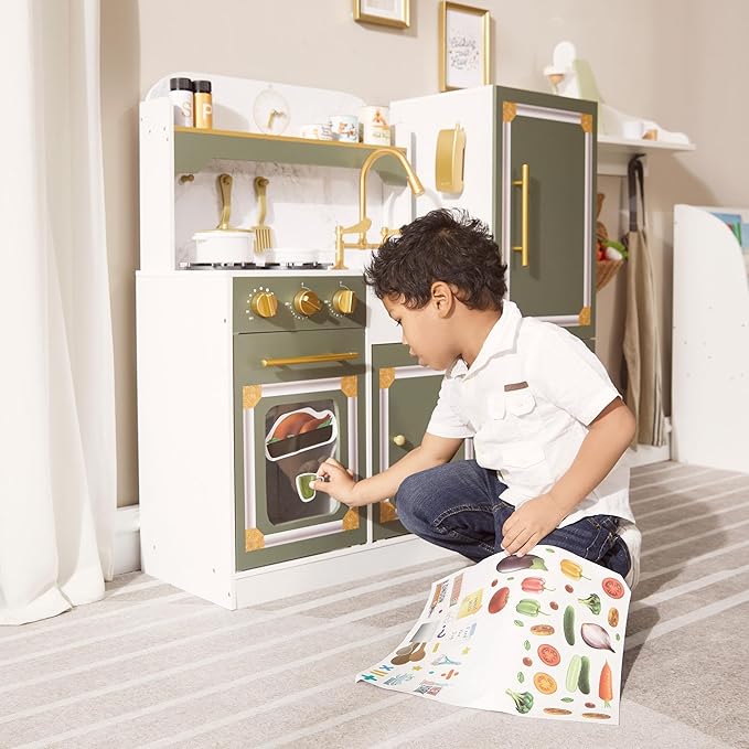 Teamson Kids Versailles Wooden Deluxe Play Kitchen Set Plus Refrigerator with Ice Dispenser and 15 Cookware Accessories, Olive Green