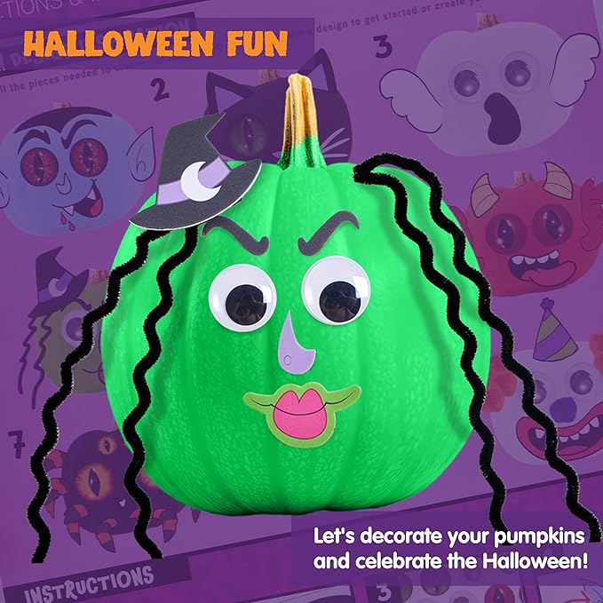 Klever Kits Halloween Pumpkin Painting Decorating Kit for Kids, Art and Craft Party Favors, Halloween Party Games Classroom Activities, DIY Coloring Set with 9 Characters Designs and Realistic Eyes