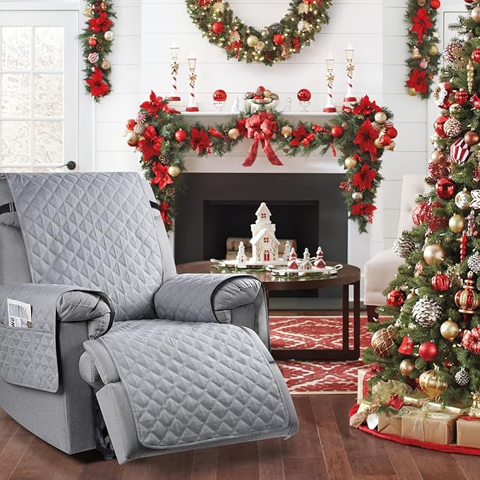 Ruaozz 100% Waterproof Recliner Chair Cover Non-Slip Reclining Cover for Recliner Chair Washable Chair Seat Cover with Elastic Straps for Kids, Dogs, Pets (Light Grey, 23'')