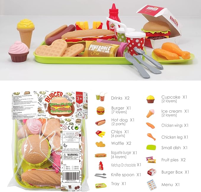 U DREAM Pretend Play Food Sets, Building Toy Burger Playset, Play Kitchen Accessories, Realistic Sandwiches.