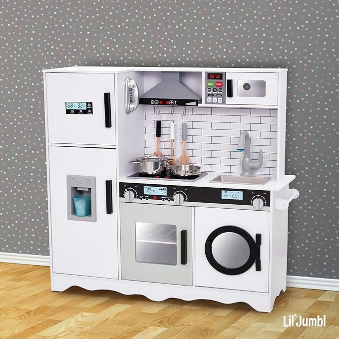 Lil’ Jumbl Kids Kitchen Set, Pretend Wooden Play Kitchen, Battery Operated Icemaker, Microwave, Range Hood, Stove Top, Oven, with Realistic Sound & Lights, Pots, Pan, & Utensils Included