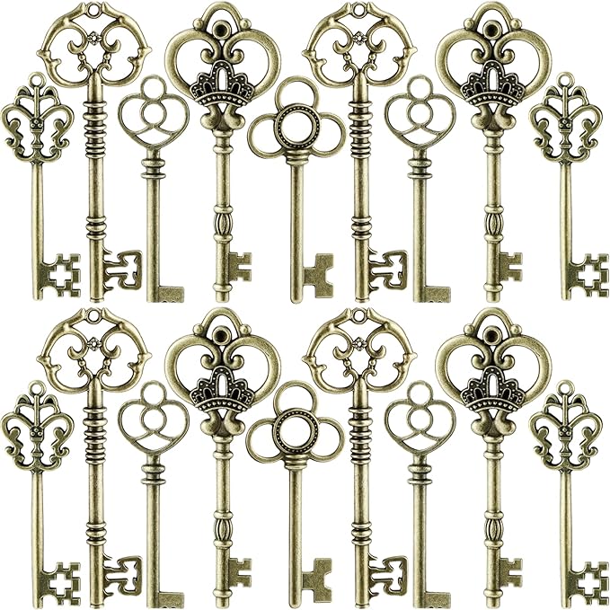 Fumete 100 Pcs Large Vintage Skeleton Key Set Charms Mixed Antique Style Brass Key Set Charms Old Fake Antique Rustic Supplies for DIY Crafts Jewelry Making Necklace Party Decor Decoration(Bronze)
