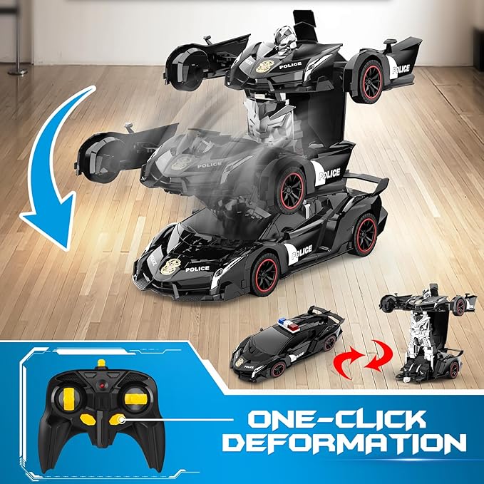 FDJ Remote Control Car - Transform Car Robot, One Button Deformation to Robot with Flashing Light, 2.4Ghz 1:18 Scale Transforming Police Car Kids Toys with 360 Degree Rotating Drifting, Toys