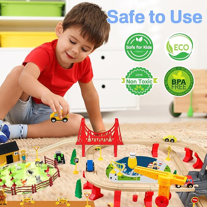 118Pcs Wooden Train Set for Kids & Toddlers, Wood Train Track Set Train Railway Accessories Toy Train Sets for Boys and Girls Gifts Ages 3+ 4 5 6 7 8 - Compatible with All Major Brands