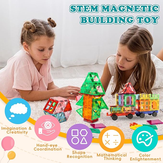 Magnetic Tiles, 136 PCS Magnetic Building Blocks with 2 Cars, Magnet Tiles Construction Building Toys, STEM Sensory Toys Easter Birthday Gifts for Toddlers Kids Boys 3 4 5 6 7 8 9+ Year Old