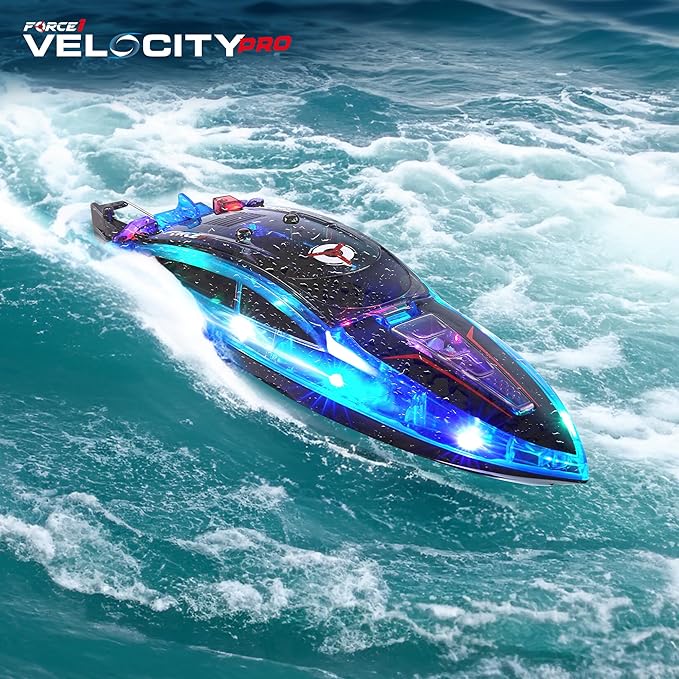 Force1 Velocity Pro LED RC Boat- Remote Control Boats for Adults and Kids, Underwater Speed Racing Mini RC Toy for Pools and Lakes, LEDs, 2.4GHZ Transmitter, Rechargeable Batteries, Low Battery Alert
