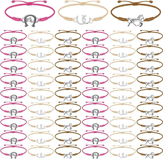 Sureio 48 Pcs Horse Rope Braided Bracelet Gifts Bulk Horse Goodie Party Favors Western Cowgirl Cowboy Adjustable Wedding Bridal Shower Bracelets for Women