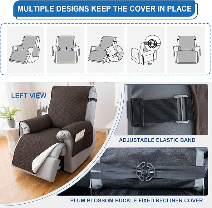 100% Waterproof Recliner Chair Covers, Anti-Slip Recliner Cover, Washable Recliner Slipcover with Pocket, Elastic Straps for Pets, Dogs, Brown