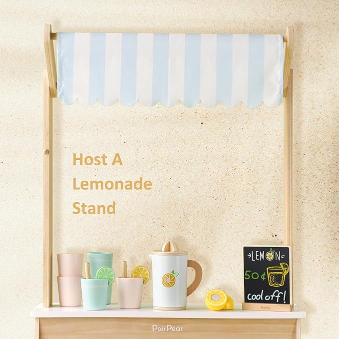 PairPear Wooden Toys Lemonade Playset,Kids Play Food Pretend Play Lemonade Stand Kit,Play Kitchen Grocery Maket Acessories Gift for Toddler Girls and Boys 3 Years+