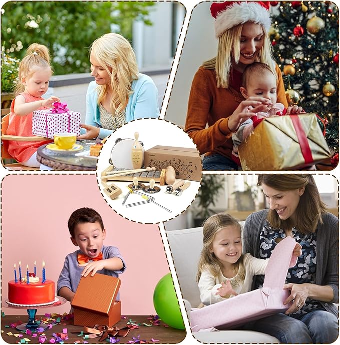 Chriffer Kids Musical Instruments Toys, Percussion Instruments Set with Xylophone, Preschool Educational Music Toys for Boys Girls, Natural Eco-Friendly Wooden Music Set (8)