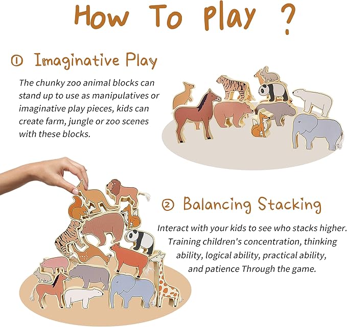 Xylolin Wooden Zoo Animal Blocks Stacking and Balancing Toy, Toddler Wood Animal Figures Blocks Imaginative Play, Preschool Educational Toys and Stack Balance Games for Kids