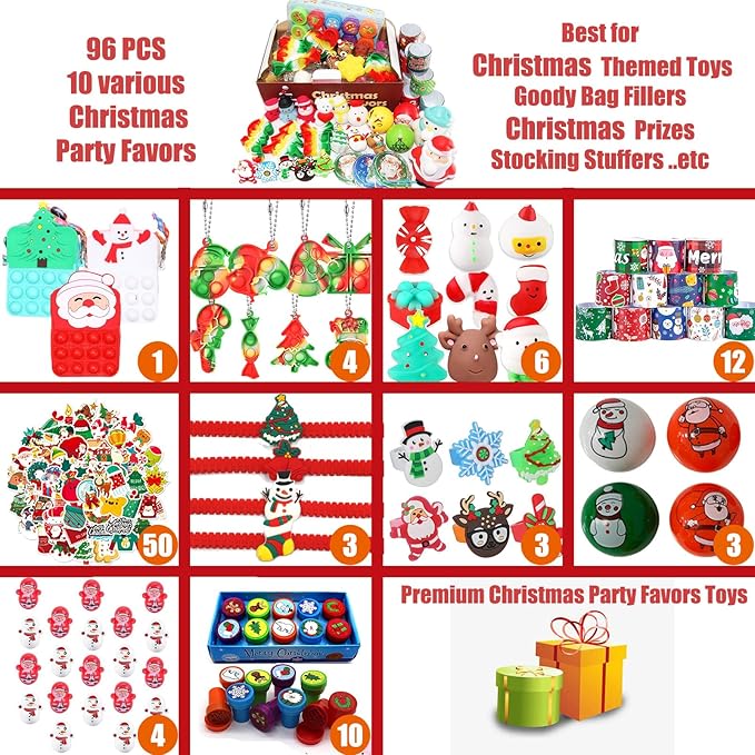 96PC Premium Christmas Party Favors for Kids 3-10 ages,Assortment Toys Stocking Stuffers Bulk,Goodie Bag Stuffers,Classroom Gifts,Christmas Prizes,Prize Box Filler,Carnival Prizes