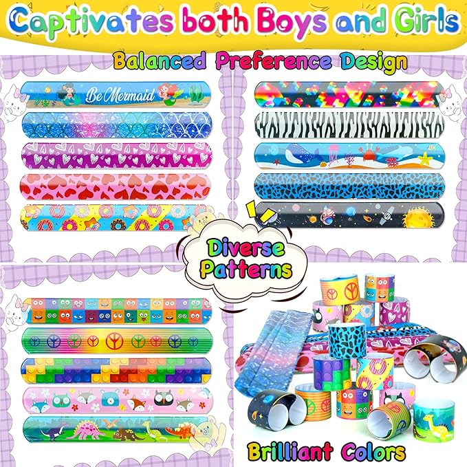 Slap Bracelets Kids Party Favors 48PCS Snap Bracelet Wrist Bands for Boys Girls Birthday Gift Treasure Box Classroom Rewards Goodie Bag Fillers Pinata Stuffers Xmas Easter Valentine Halloween Supplies