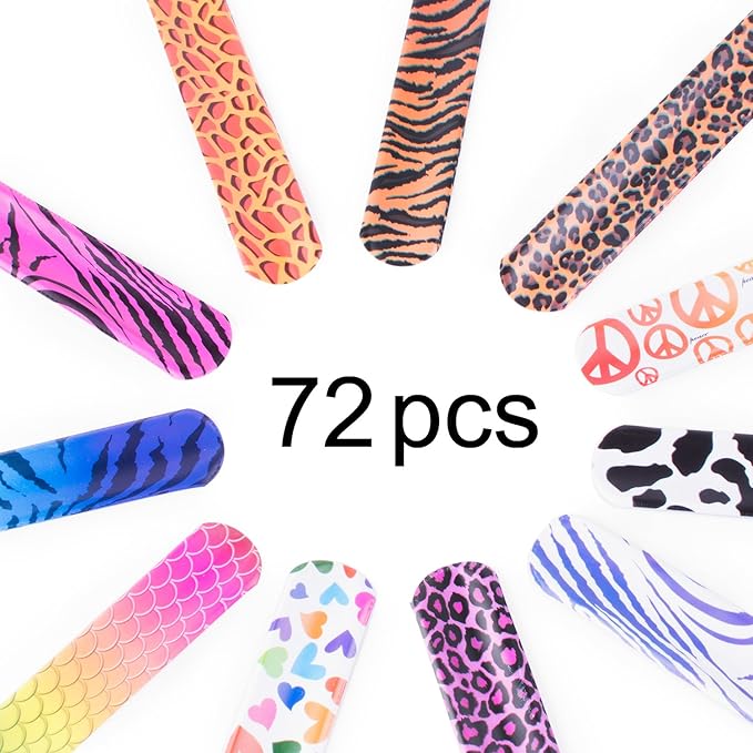 Super Z Outlet Slap On Plastic Vinyl Retro Bracelets with Colorful Hearts & Animal Print Design Patterns for Children, Toy Party Favors (72 Pack)