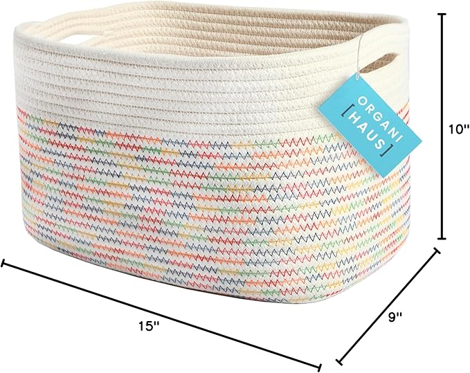 OrganiHaus Rainbow Basket - Colorful Woven Storage Basket for Playroom, Nursery & Classroom Decor & Toy Storage, Rainbow Stitches 15x9x10