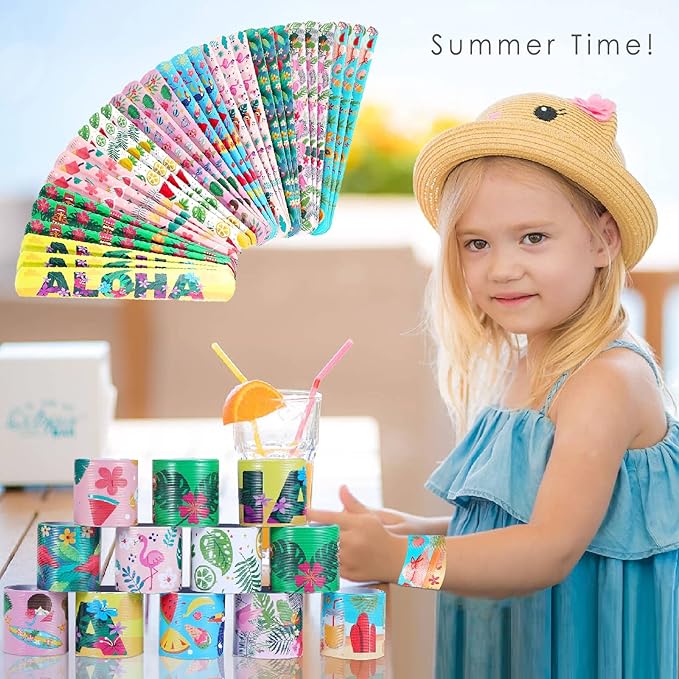 Viicoor 30 PCS Slap Bracelets Pink Hawaii Snap Bracelet Wrisrtband for Party Favors Aloha Bag Filler School Prizes Gifts Party Favors Bulk (8-Hawaii-30PCS)