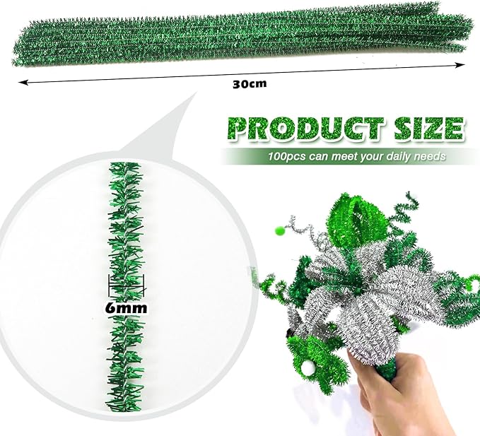 TOAOB 100pcs Christmas Glitter Pipe Cleaners Green Metallic Pipe Cleaners Craft Supplies 6mm x 12 Inch Chenille Stems Pipe Cleaners for Art DIY Crafts Decorations