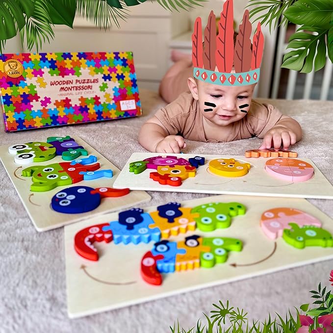 MASTER LEON - Wooden Toddler Puzzles 3-5 Year Old - Montessori Toddler Puzzle - Fine Motor Skills Toy - Animals & Vehicles Learning Games for Ages 3 4 5 (Animals (3pack))