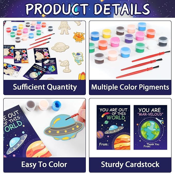36Pcs Space Party Favors Space Cards with Art Supplies Outer Space DIY Wood Painting Craft Kits Astronaut Thank You for Coming Gifts for Kids Boys Girls Solar System Birthday Gift Bulk (Pre-Assembled)