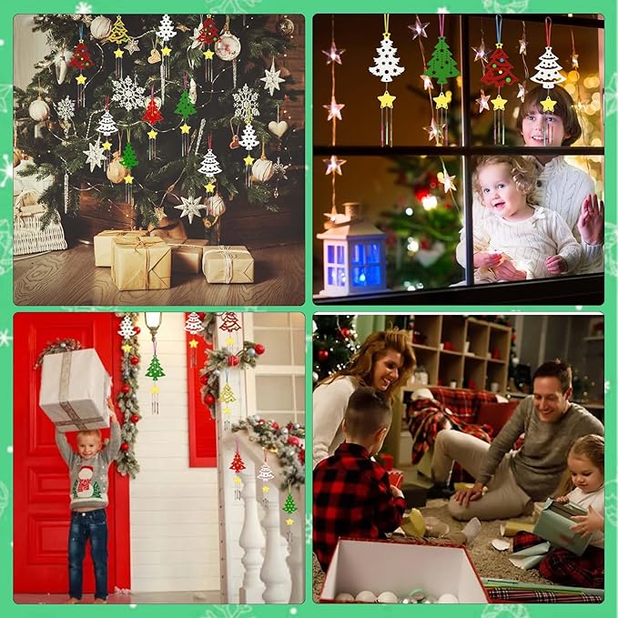 12 Pack Wind Chime Kit for Kids,Christmas Craft Kits DIY Christmas Tree Wind Chime Unfinished Wooden Xmas Tree Ornaments for Boys Girls Activity Art Project Decor